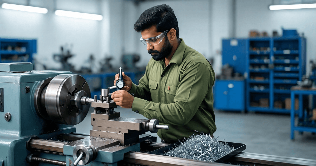 Certified technician repairing CNC machine on factory floor in India