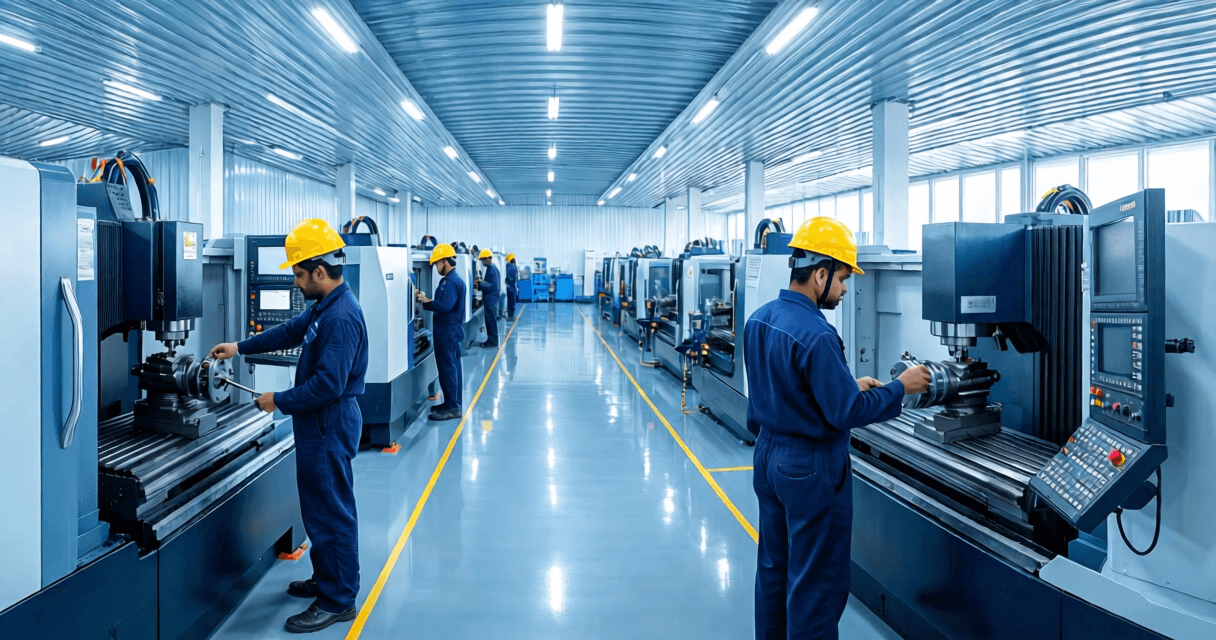 Certified technician repairing CNC machine on factory floor in India