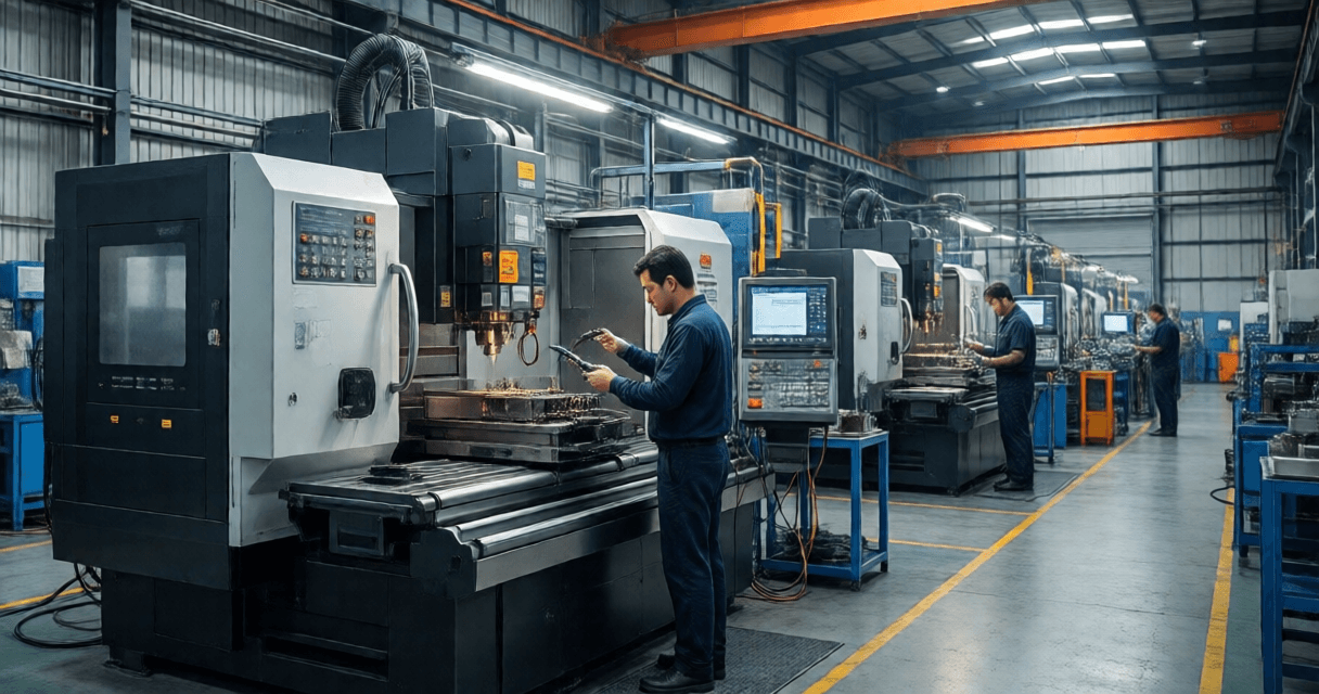 Certified technician repairing CNC machine on factory floor in India