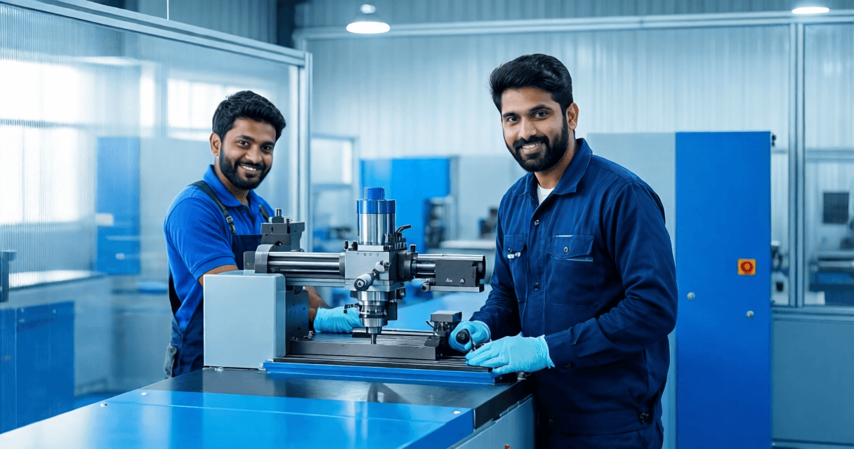 Certified technician repairing CNC machine on factory floor in India