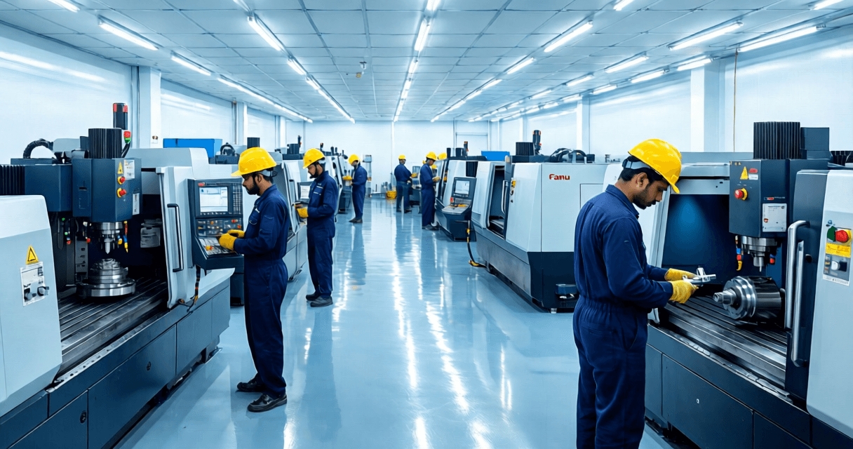 Certified technician repairing CNC machine on factory floor in India